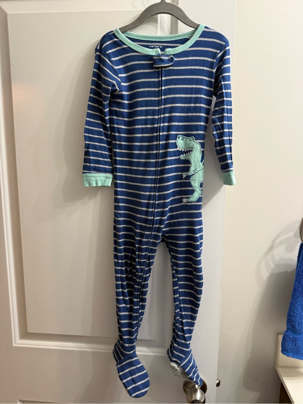 Carter's Blue & Mint Striped Dino Footed One-Piece Pajama with Mint Trim